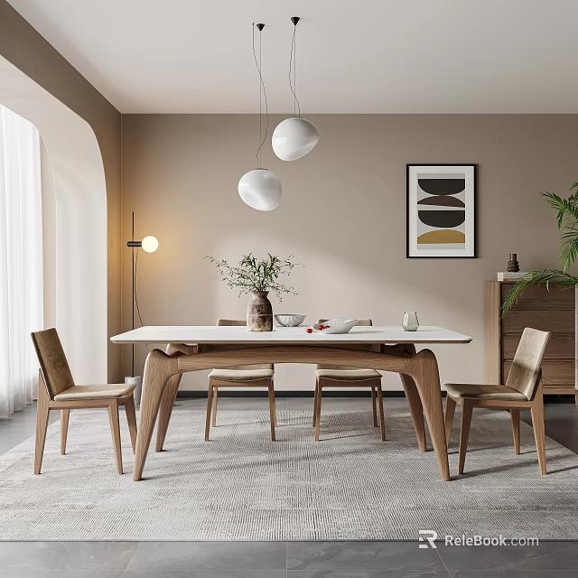 Modern Wooden Dining Table Set With Beige Walls Pendant Lights And Decorative Painting 3d model 
