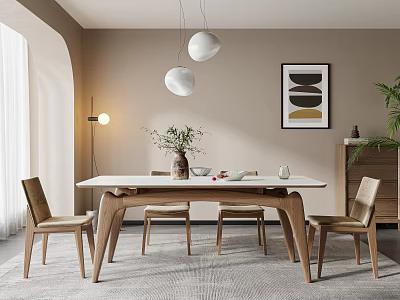 Modern Wooden Dining Table Set With Beige Walls Pendant Lights And Decorative Painting 3d model