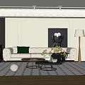 Elegant Living Room Interior With Beige Sofa Green Cushions Coffee Table Rug And Decorative Painting
