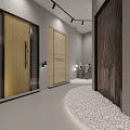 Modern Door Showroom Interior With Various Door Designs Decorative Pillar And Pebbles