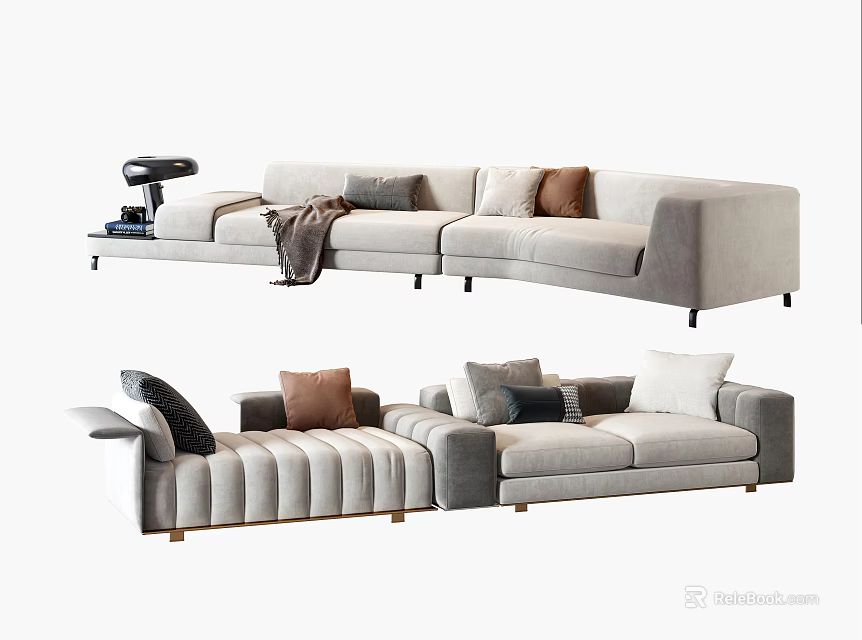 Modern Light Gray Fabric Sectional Sofa With Multiple Throw Pillows And Wooden Legs 3d model 