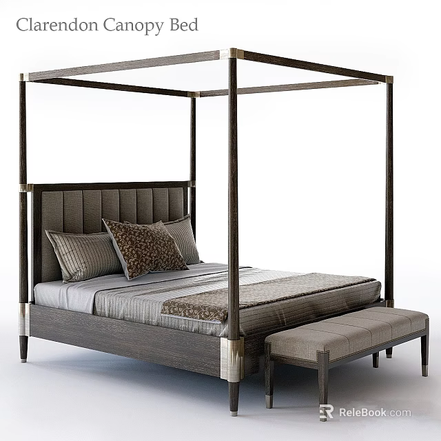 Modern Four Poster Bed With Upholstered Headboard Decorative Pillows And Bench 3d model 