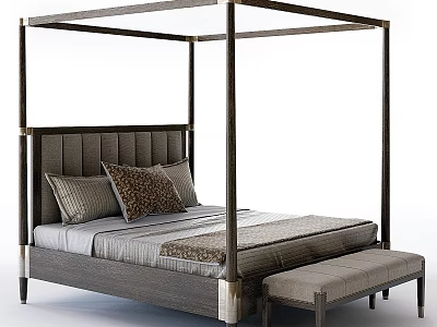 Modern Four Poster Bed With Upholstered Headboard Decorative Pillows And Bench 3d model