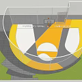 Modern Basketball Court With Yellow White Gray Floor Design And Surrounding Netting