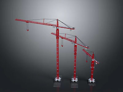 Three Red Construction Cranes With Different Sizes For Building Construction Sites 3d model