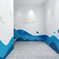 Elevator Corridor With White Walls Blue Wave Patterns Seagull Decorations Staircase And Gray Carpet 3d model