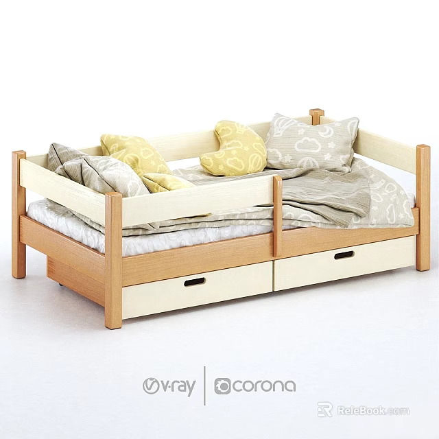 Natural Wood Kids Bed with Safety Rails Storage Drawers and Soft Pillows 3d model 