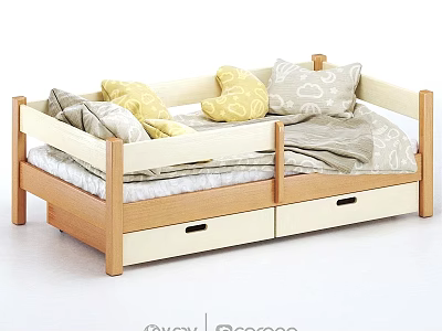 Natural Wood Kids Bed with Safety Rails Storage Drawers and Soft Pillows 3d model