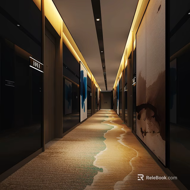 Elegant Hotel Corridor Interior Design With Warm Lighting Wave Patterned Carpet And Decorative Paintings 3d model