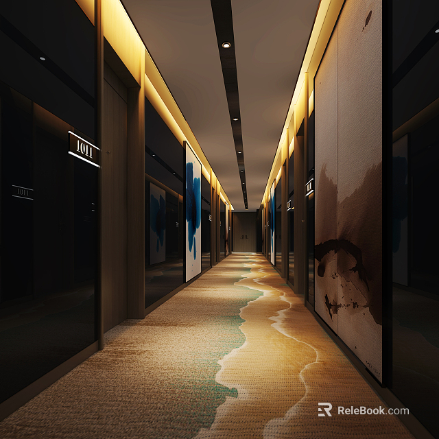Elegant Hotel Corridor Interior Design With Warm Lighting Wave Patterned Carpet And Decorative Paintings 3d model 