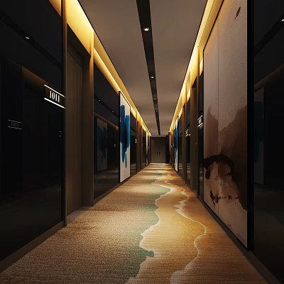 Elegant Hotel Corridor Interior Design With Warm Lighting Wave Patterned Carpet And Decorative Paintings 3d model