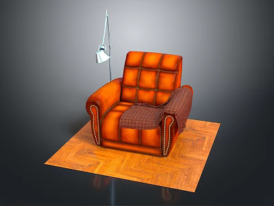 Modern Orange Leather Single Sofa Interior With Plaid Blanket On Wooden Floor 3d model
