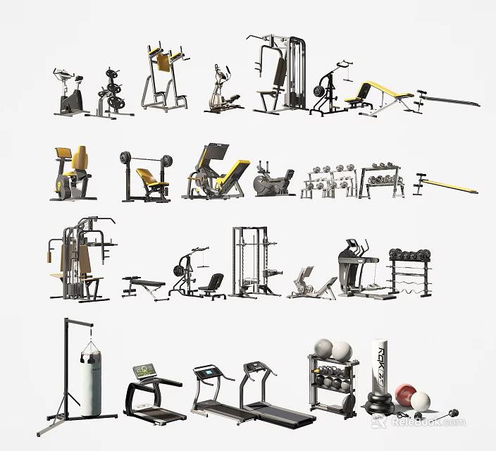 Diverse Home Gym Sports Equipment Including Treadmills Dumbbells Weight Benches And Fitness Machines 3d model 