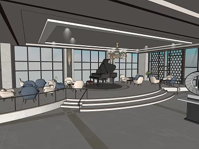 Elegant Hotel Lobby Interior Featuring Piano Chandelier Large Windows Sofa Seats And Circular Platform 3d model