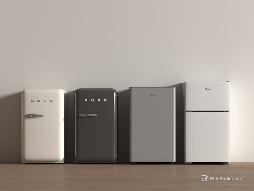 Sleek Retro And Modern Style Refrigerators In White Black Silver Colors For Home Kitchen 3d model 