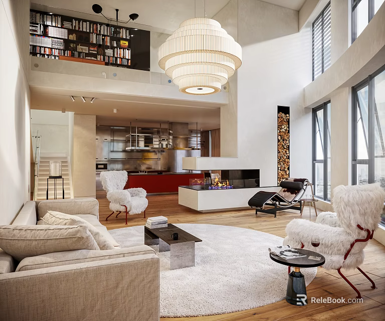Duplex Living Room Interior With Chandelier Plush Sofa Large Windows And Fireplace 3d model 