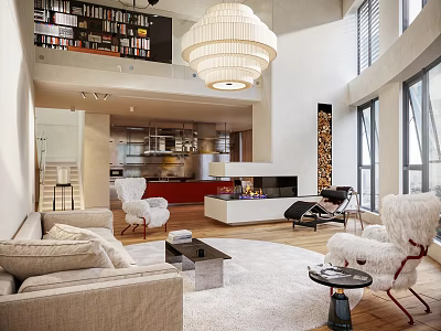 Duplex Living Room Interior With Chandelier Plush Sofa Large Windows And Fireplace 3d model