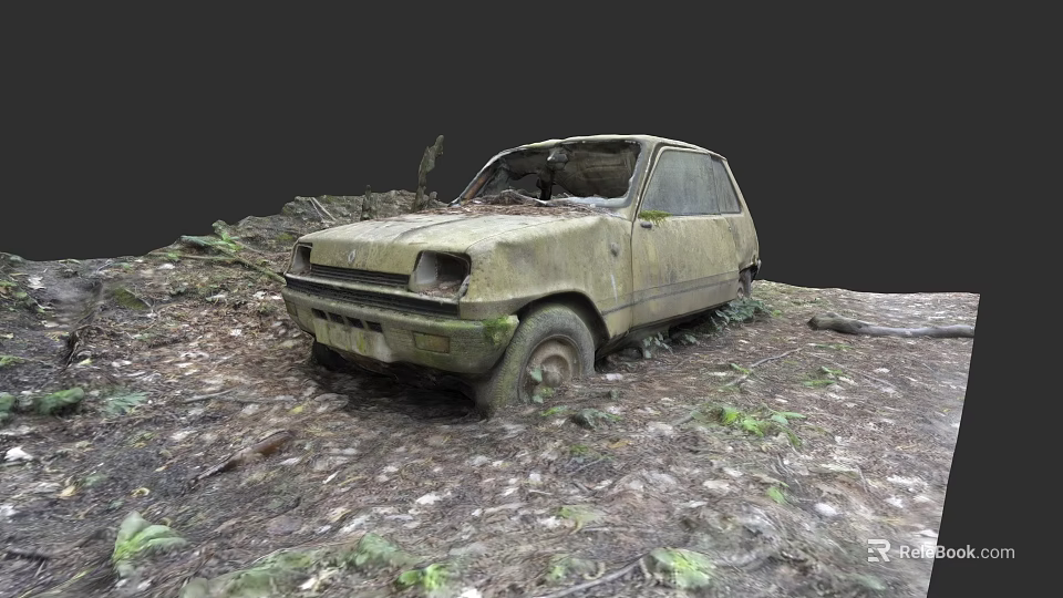Rusted Abandoned Old Car Covered In Moss In Forest Terrain 3d model 