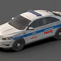 White Police Car With Blue Emergency Lights And Local Department Markings