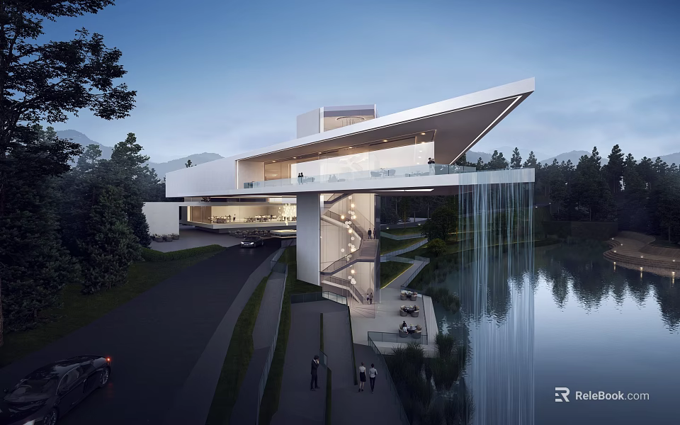 Modern Sales Office Building Featuring Overhanging Roof Glass Facade Water Feature And Lakeside Trees 3d model 