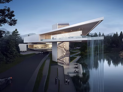 Modern Sales Office Building Featuring Overhanging Roof Glass Facade Water Feature And Lakeside Trees 3d model