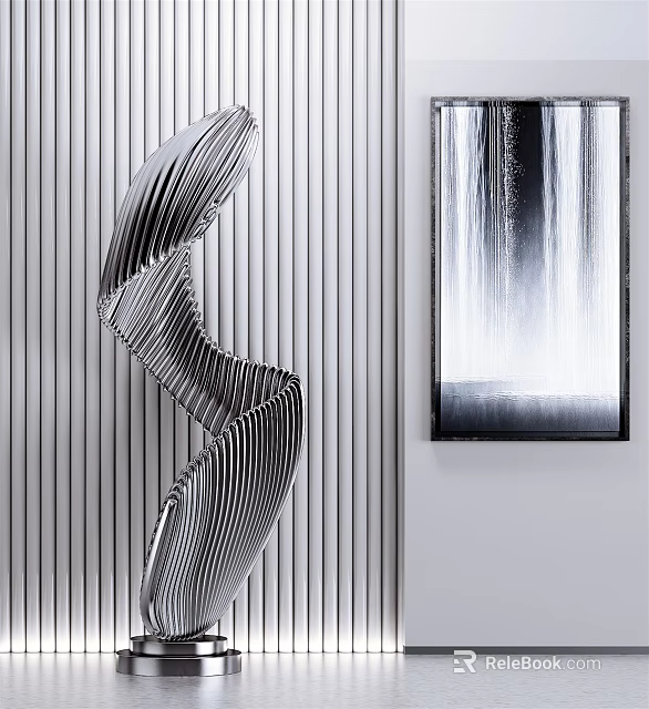 Modern Metallic Spiral Sculpture With Striped Wall And Waterfall Painting 3d model 