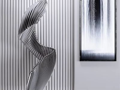 Modern Metallic Spiral Sculpture With Striped Wall And Waterfall Painting 3d model