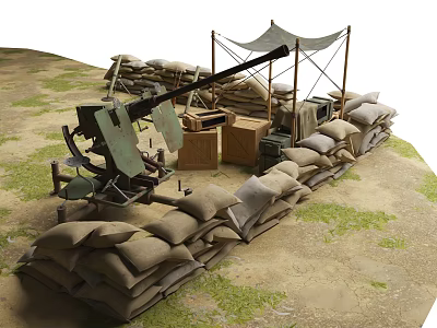Military Machine Gun Weapon Setup With Sandbag Fortification Tent And Wooden Crates 3d model