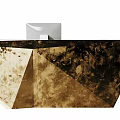 Modern Reception Desk Designs Featuring Geometric Marble And Circular Wooden Slats