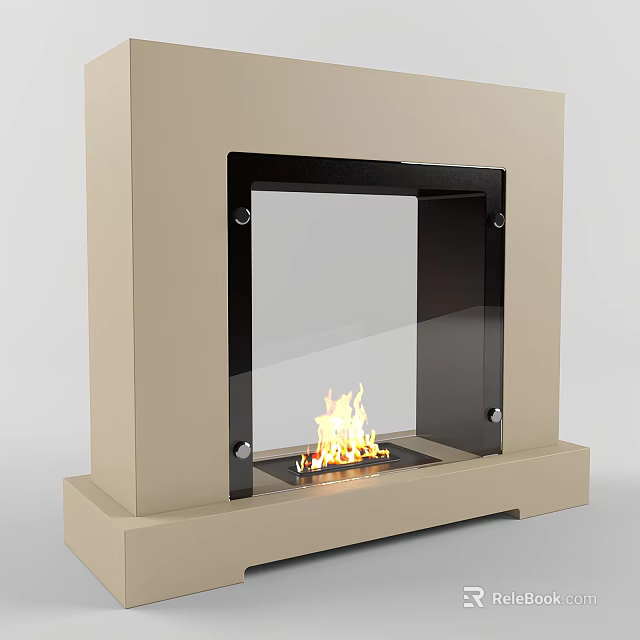 Modern Fireplace With Beige Frame Black Glass Door And Burning Flames 3d model