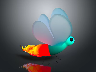 Vibrant Butterfly With Transparent Wings Red Green Body Large Eyes And Flame Like Tail 3d model