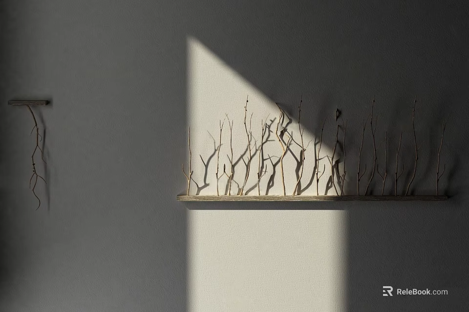 Branch Like Wall Decor on Long Shelf with Sunlight Shadow on Gray Wall 3d model
