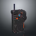 Handheld Tactical Weapon With Black Body Orange Accents And Blue Circular Lens