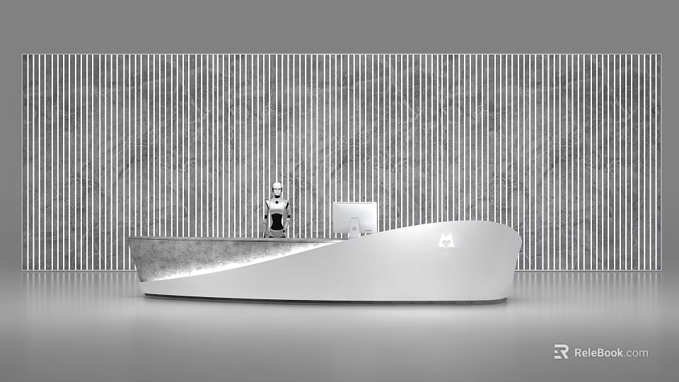 Modern Sleek Curved Reception Desk With Smooth Surface And Striped Background Wall Interior 3d model