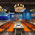 Modern Restaurant Interior Design With Ornate Ceiling Orange Seats And Patterned Floor Tiles 3d model