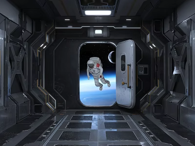 Astronaut Outside Open Hatch In Space Capsule With Earth View 3d model