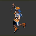 Cartoon Character In Blue White Orange Outfit With Cap Holding Weapon In Dynamic Jumping Pose