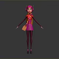 Cartoon Game Movie Character In Pink Dress Purple Leggings With Red Scarf And Orange Bag
