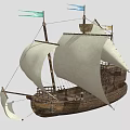 Traditional Wooden Sailboat With White Sails Green And Blue Flags On Deck