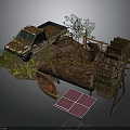 Rustic Scene Components Featuring Old Truck Water Wheel Small Boat Solar Panels Bench And Plants