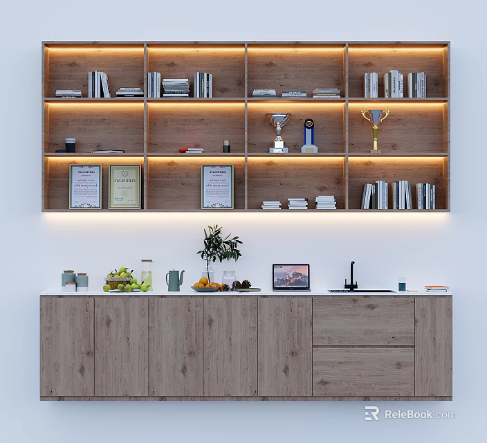 Wooden Shelf Unit With Books Trophies Certificates Lighting And Under Cabinet Storage 3d model 