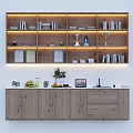Wooden Shelf Unit With Books Trophies Certificates Lighting And Under Cabinet Storage