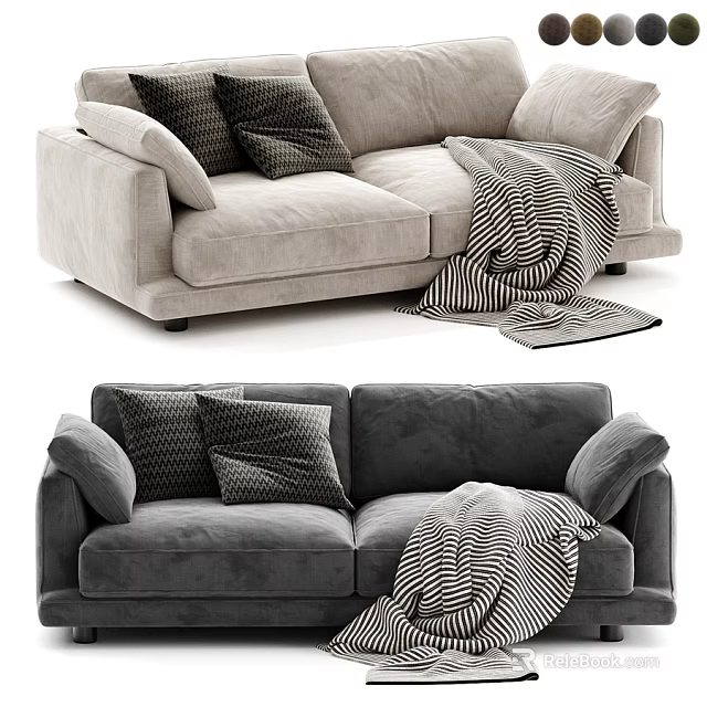 Modern Soft Velvet Double Seater Sofa With Decorative Pillows And Cozy Striped Throw Blanket 3d model 