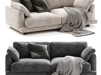 Modern Soft Velvet Double Seater Sofa With Decorative Pillows And Cozy Striped Throw Blanket 3d model