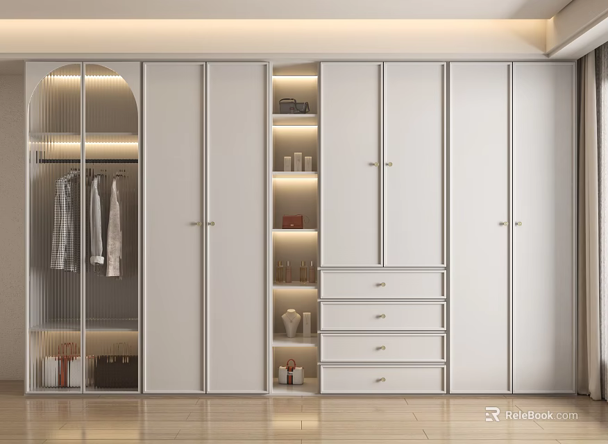 Modern White Built-in Wardrobe With Glass Doors Open Shelves Drawers And Interior Lighting 3d model