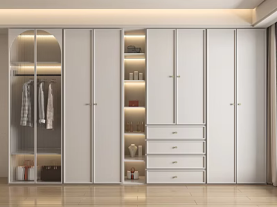 Modern White Built-in Wardrobe With Glass Doors Open Shelves Drawers And Interior Lighting 3d model