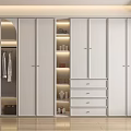 Modern White Built-in Wardrobe With Glass Doors Open Shelves Drawers And Interior Lighting