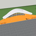 White Pergola With Benches And Yellow Pathway In Green Lawn With Trees And People Gathering