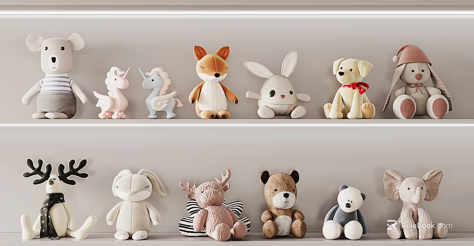 Cute Plush Stuffed Animals Display on White Shelves with Fox Rabbit and Bear 3d model 