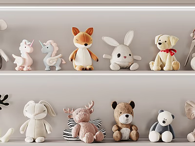 Cute Plush Stuffed Animals Display on White Shelves with Fox Rabbit and Bear 3d model